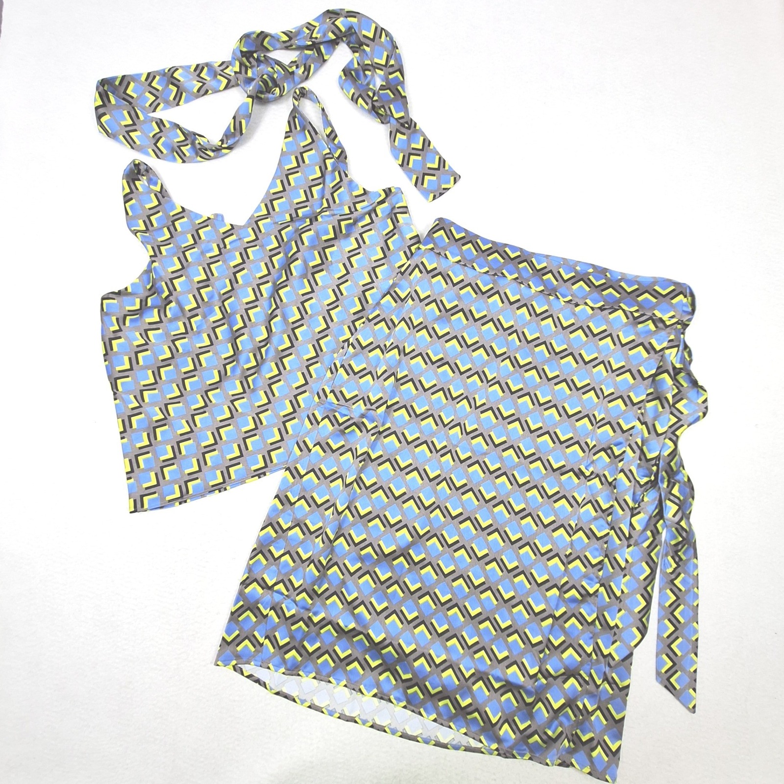 Wildfang 2 Piece Set Womens Large Blue Yellow Empower Satin Cami Wrap Skirt New